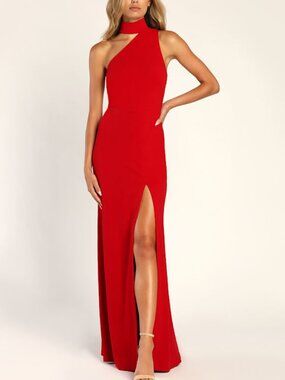 Lulus Keep It Interesting Red Asymmetrical Cutout Halter Maxi Dress - Size XS